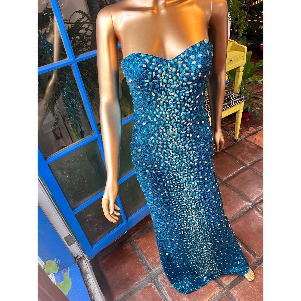 La Femme Teal Sequin Sz 2 Rhinestone Strapless Sweetheart Prom Formal Gown Dress